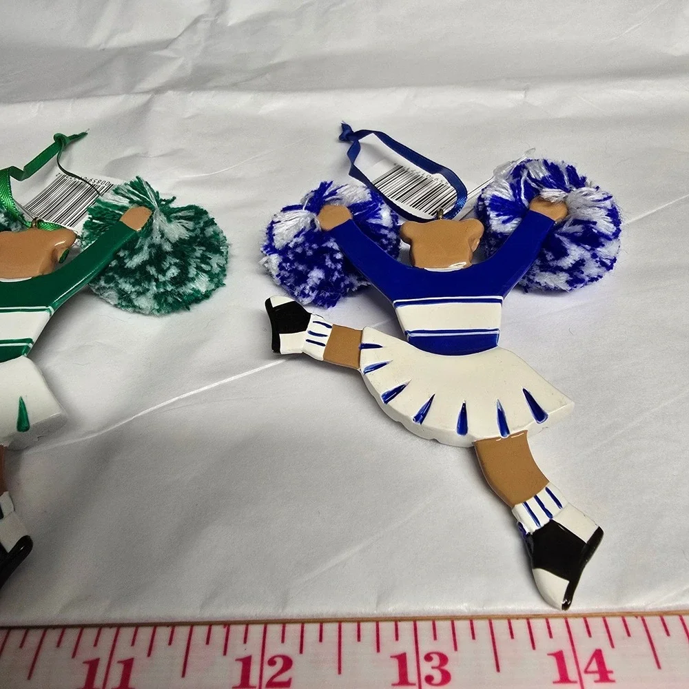 Set of 3 Santa's‎ Best Cheerleader Bear Ornaments Purple Green Blue Pom Poms